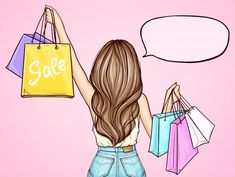 a woman holding shopping bags with the word sale above her head and an empty speech bubble