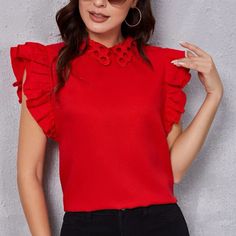 Ruffle, Tiered Layer, Button, Eyelet Embroidered. Butterfly Sleeve. 100% Polyester Ships In 12-14 Days~All Purchases With Longer Shipping Times Are Sent With A Special Gift Trendy Ruffled Collar Top, Elegant Red Ruffled Blouse, Trendy Red Top With Ruffles, Trendy Red Office Blouse, Red Ruffled Feminine Tops, Red Feminine Ruffle Top, Red Feminine Ruffled Tops, Feminine Red Ruffled Tops, Chic Red Blouse With Ruffles