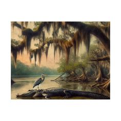 a painting of a bird sitting on the edge of a body of water next to alligators