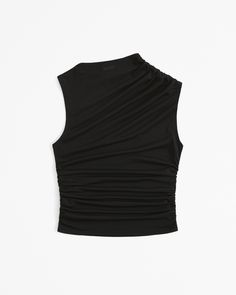 Women's Mesh Draped Crew Top | Women's Tops | Abercrombie.com Asymmetrical Fitted Elastane Top, Ruched Fitted Elastane Top, Elastane Ruched Tops For Night Out, Fitted Ruched Top With Foldover Shape, Fitted Ruched Top With Foldover Neckline, Fitted Foldover Top With Ruched Details, Asymmetrical Neckline Stretch Tops, Black Top With Asymmetrical Neckline In Elastane, Chic Ruched Elastane Tops