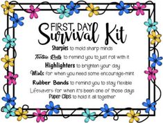 the first day survival kit is shown with colorful flowers and leaves on it, as well as an information card