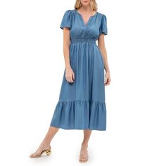 August Sky Women's Split Neckline Midi Dress, Chambray, Medium Spring V-neck Rayon Dress With Short Sleeves, Spring V-neck Dress With Short Sleeves In Rayon, Spring Rayon V-neck Dress With Short Sleeves, Casual Mid-length V-neck Dress For Brunch, Spring V-neck Short Sleeve Dress For Brunch, Flattering Spring V-neck Midi Dress, Spring Midi Dress With Notched Neckline, Spring Solid Color Midi Dress With Notched Neckline, Solid Color V-neck Short Sleeve Dress For Spring