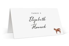 a place card with an image of a horse and the text table 5 elizabeth howard