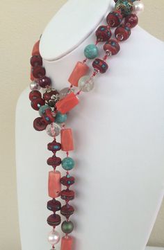 Peach Coral Lariat, 50 inch, hand knotted, vintage thai beads, coral, aventurine, shell pearls, agat Jewelry 2023, Jewelry Design Necklace, Special Jewelry, Beaded Bags, Stunning Necklace, Rock Crystal, Gorgeous Necklaces, Bling Bling, Necklace Designs