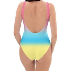 Our sleek and sexy open-back one-piece bathing suit was designed to show your Genderflux pride in style. Includes double lining in the front, to provide more protection and smooth everything out. Subtle ombre design in the colors of the Genderflux pride flag will look great anywhere, not just pride events- wear by the pool, at the beach, or pair with denim shorts as a cute bodysuit. One-piece swimsuit Double-layer front Scoop neckline Open-back Cheeky-cut bottoms Chlorine-resistant fabric 82% recycled polyester, 18% spandex Handmade to order: This item ships in about 3-4 business days. Please use the Size Guide for proper fitting. If you are between sizes, choose the larger size. Size Guide SIZE (in) CHEST WAIST HIPS XS 33 25.3 35.4 S 34.5 26.8 37 M 36.3 28.4 38.5 L 37.8 30 40 XL 41 33 43. Fitted Rainbow Swimwear For Pool, Fitted Rainbow Swimwear For Beachwear, Rainbow Beachwear For Swimming, Rainbow Swimwear For Swimming, Ombre Swimwear For Pool And Beach Season, Ombre Swimwear For Pool, Gradient Beachwear Swimwear For Swimming, Gradient Color Beachwear Swimwear For Beach Season, Ombre Swimwear For Summer Pool