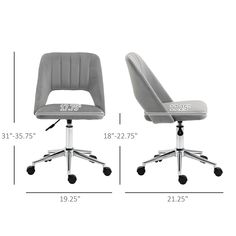 two office chairs are shown with measurements for each chair and the seat is upholstered