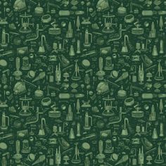 a green background with many different things on it, including bottles and other items in the same pattern