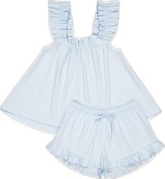 Light Blue Cotton Sleepwear For Sleepover, Cute Light Blue Sleepwear For Spring, Blue Cotton Sleepwear With Ruffles, Fitted Cotton Sleepwear With Ruffles, Fitted Cotton Sleepwear For Spring, Cute Light Blue Cotton Sleepwear, Cotton Fitted Sleepwear For Sleepover, Blue Ruffled Summer Sleepwear, Fitted Cotton Tops For Sleepovers