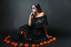 Great dress for Dia De Los Muertos! #diadelosmuertos #dayofthedead Black Dresses For Cinco De Mayo Fiesta, Traditional Black Dress For Cinco De Mayo, Traditional Black Fiesta Dress, Traditional Black Dress For Fiesta, Traditional Black Embroidered Dress For Fiesta, Black Embroidered Dress For Fiesta, Black Embroidered Dress For Fiesta With Floral Details, Puebla Dress, Traditional Mexican Dress