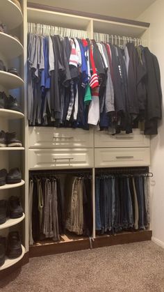 the closet is full of clothes and shoes