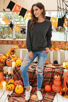 Gray Crew Neck Long Sleeve Pullover Sweatshirt Autumn Sleeve, Pumpkin Sweatshirts, Gray Sweatshirt, Winter Sweatshirt, Tunic Length, Ladies Tops Fashion, Olivia Mark, Grey Sweatshirt, Fashion Tops