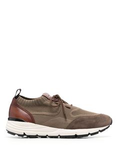 coffee brown/chestnut brown calf leather knitted upper logo-debossed tongue pull-tab at the heel round toe front lace-up fastening flat rubber sole Brown Shoes Men, Brown Leather Sneakers, Sneakers Brown, Footwear Design, Brown Sneakers, Chestnut Brown, Coffee Brown, Sneakers Blue, Sneakers Grey