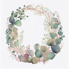 a watercolor painting of a wreath made with leaves and branches on a white background