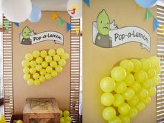 two pictures of balloons in front of a wall with the words pop - a - lemon on it