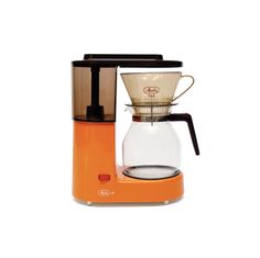 an orange coffee maker with a glass carafe on the top and a black handle