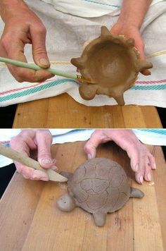 two pictures of hands using clay to make a turtle