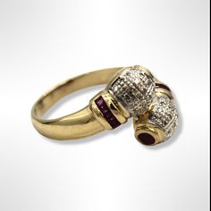 ⚓18K Yellow Pink Ruby and Diamond Wrap Ring (size 9.25) Solid 18k gold, stamped 750. Not filled or plated.  In excellent condition. We sell the highest quality vintage and pre-owned items! Free domestic shipping always! On its way to you in 1 business day.  30 day return policy!  ⚓The Details Size 9.25 2 cabochon pink Rubies 10 baguette pink Rubies 40 round Diamonds 3.31 mm wide base of ring Weighs 7.2 grams  ⚓Who We Are  We are a small, family-owned business in Plymouth, MA. Located in the hear Classic Gold Ruby Ring Collectible, Vintage 14k Stamped Dome Ring For Formal Occasions, Vintage Gold Dome Ring Hallmarked, Vintage Gold Diamond Ring For Collectors, Vintage Gold Ruby Ring Collectible, Vintage Yellow Gold Ruby Ring For Formal Occasions, Gold Round Bypass Ring For Formal Occasions, Classic Gold Bypass Ring For Formal Events, Classic Gold Bypass Ring For Formal Occasions