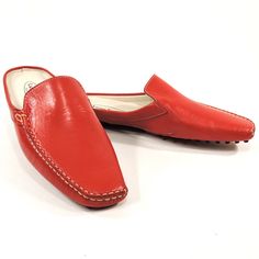 100% Leather Imported Leather And Rubber Sole Made In Italy Soft Leather Upper Leather Lining Hand Made Red Flat Heel Leather Shoes For Spring, Red Flat Leather Shoes For Spring, Red Slip-on Leather Shoes For Spring, Spring Leather Loafers With Red Sole, Red Slip-on Leather Shoes With Removable Insole, Red Leather Slip-on Shoes With Removable Insole, Red Slip-on Leather Shoes With Almond Toe, Red Flat Leather Shoes With Rubber Sole, Red Leather Flat Shoes With Rubber Sole