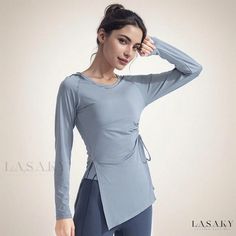 Lasaky - Long-Sleeved Moisture-Wicking Hooded Athletic Shirt for Running, Fitness, and Yoga Long Sleeve Drawstring Sweatshirt For Sports, Gray Stretch Top With Drawstring Hood, Gray Long Sleeve Top With Drawstring, Athleisure Drawstring Top For Winter, Athleisure Tops With Drawstring For Winter, Grey Drawstring Hooded Top For Gym, Solid Long Sleeve Workout Hoodie, Solid Color Long Sleeve Workout Hoodie, Gray Long Sleeve Hoodie For Gym