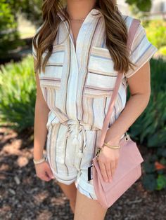 Stripe with lurex linen blend short and top -Non-sheer. -Lightweight. -Fabric Contents - 96% cotton, 4% linen -Hand wash, dry flat -Colors may vary from different viewing devices. Casual Neutral Summer Blouse, Beige Summer Blouse With Pockets, Beige Blouse With Pockets For Summer, Summer Beige Blouse With Pockets, Casual Neutral Blouse For Summer, Casual Linen Blouse For Day Out, Summer Linen Blouse In Neutral Color, Summer Neutral Linen Blouse, Neutral Linen Summer Blouse