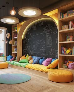 a child's playroom with chalkboard and bookshelves on the wall