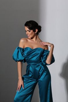 Puffy Sleeve Shirt, Satin Clothing, Tight Fitted Dresses, Satin Jumpsuit, Bridal Jumpsuit, Satin Pants, Green Jumpsuit, Fabric Structure, Puffy Sleeves