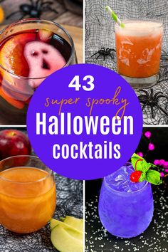 four halloween cocktails with the words super spooky halloween cocktails on them