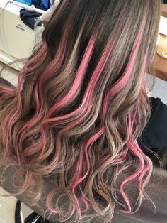 Brown Hair Pink And Blonde Highlights, Bubblegum Pink Highlights, Light Pink Chunky Highlights, Colored Highlights In Black Hair, Pink And Blonde Highlights In Brown Hair, Pink Bayalage Hair, Pink Hair Brown Hair, Pink Striped Hair, Briar Beauty Ever After High