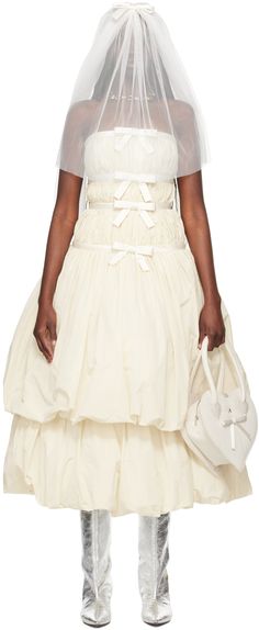 Recycled polyester taffeta dress. Satin corset-style underlay with boning and hook-eye closure at interior. · Layered construction · Gathering and satin trim throughout · Straight neck · Bow accents at front · Tiered bubble hem · Concealed zip closure at back · Full satin lining Part of the exclusive SSENSE Bridal capsule. Supplier color: White Bubble Skirt Dress, Cathedral Fashion, Bubble Fashion, White Poplin Dress, Bow Clothes, Ashley Williams, Brocade Dress, Summer 2025, Satin Corset