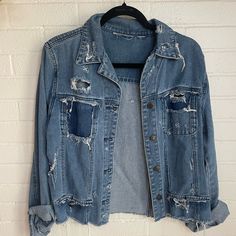 Vintage Chadwicks Jean Jacket Distressed To Perfection. Tiger Patch On Upper Back. Oversized Fit. Relaxed Fit Medium Wash Denim Jacket With Frayed Hem, Relaxed Fit Light Wash Denim Jacket With Frayed Hem, Medium Wash Ripped Long Sleeve Outerwear, Distressed Denim Blue Jacket For Fall, Ripped Medium Wash Long Sleeve Outerwear, Ripped Long Sleeve Medium Wash Outerwear, Grunge Cotton Outerwear With Frayed Hem, Distressed Washed Blue Long Sleeve Denim Jacket, Medium Wash Denim Outerwear With Frayed Hem