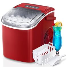 a red cooler with ice and a blue drink next to it on a white background