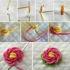 instructions to crochet a flower on a piece of cloth with yarn in the middle