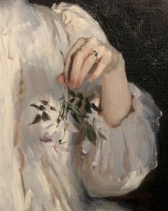 a painting of a woman holding flowers in her hand