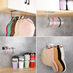 multiple pictures of different cups and mugs hanging from hooks