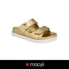 in stock Casual Gold Round Toe Sandals, Comfortable Gold Synthetic Sandals, Spring Gold Footbed Sandals With Buckle Closure, Gold Synthetic Slides For Beach, Casual Gold Slides For Vacation, Gold Synthetic Slides For Vacation, Gold Slide Footbed Sandals With Buckle Closure, Gold Slide Footbed Sandals With Buckle, Casual Gold Footbed Sandals With Removable Insole