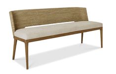 an upholstered bench with beige fabric and wooden legs, against a white background