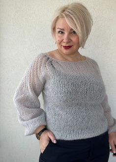 Grey Knitted Mohair Sweater, Puff Sleeve Sweater, Women's Loose Jumper, Bridal Bride Sweater, Cozy Mohair Women's Sweater, Plus Size Sweater - Etsy Finland Knit Puff Sleeve Sweater With Stretch, Knit Puff Sleeve Stretch Sweater, Knit Stretch Puff Sleeve Sweater, Stretch Knit Puff Sleeve Sweater, Winter Pointelle Knit Sweater With Puff Sleeves, Winter Puff Sleeve Pointelle Knit Sweater, Winter Fitted Sweater With Balloon Sleeves, Casual Knitted Sweater With Puff Sleeves, Bride Sweater