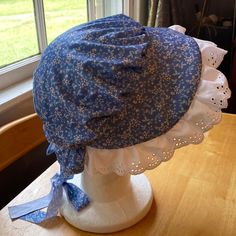 American Colonial Pioneer Pilgrim Prairie Blue& White Bonnet Hat Cap Adult - New Blue Bonnet Hat, Newsboy Hat Women, White Bonnet, Ivory Hat, White Bucket Hat, Blue Bonnet, Bucket Hat Summer, Louis Vuitton Hat, Pink Cap