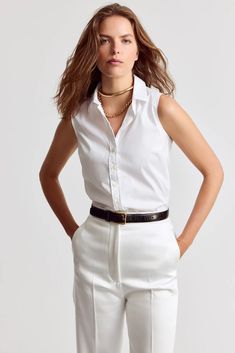 The Shirt by Rochelle Behrens - The Sleeveless Shirt - White Sleeveless Casual Outfit, Sleeveless Button Down Shirt Outfit, Sleeveless Shirt Outfit, Classic Edgy Outfits, Edge Outfits, Sleeveless Shirt Women, White Sleeveless Shirt, Flamboyant Gamine, Sleeveless Button Down Shirt