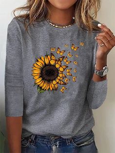 Zolucky offers stylish and concessional T-shirt.. SPU: 2948T-9MC04E, Color: Gray Blue Red Black Brown, Neckline:Crew Neck, Silhouette:H-Line. Casual Long Sleeve Shirts, Sunflower Print, Shirts For Women, Over 60, Top Casual, Plus Size Tops, Neck Designs, Print Tops, Plus Clothing