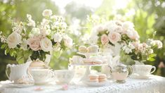 a table topped with lots of white and pink flowers next to cups filled with cookies