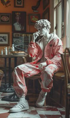 a man sitting on top of a chair next to a table