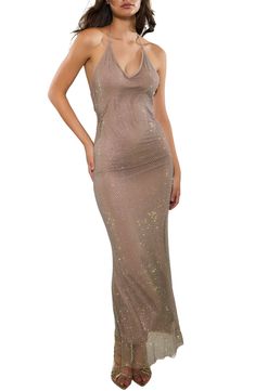 Perfectly paired with a glass of something sparkling, this curve-skimming gown is awash in shimmering crystals and dipped dangerously low in the back. 54" center front length (size Medium) Hidden side-zip; ties behind neck Deep halter neck Open back Adjustable tie straps Lined 95% polyester, 5% elastane Hand wash, dry flat Imported Halter Neck Gown, Neck Deep, Zip Ties, Halter Neck, Mocha, Side Zip, Hand Wash, Nordstrom, Sparkle