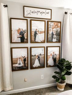 a couple's wedding pictures are hung on the wall