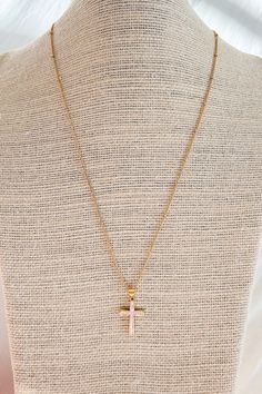 Never Lose Faith Gold Plated Cross Necklace (Pink) - NanaMacs Opal Cross Necklace, Pink Necklaces With Delicate Adjustable Chain, Adjustable Pink Necklace With Delicate Chain, Pink Necklace With Delicate Adjustable Chain, Pink Pendant Necklace With Beaded Chain, Pink Beaded Chain Pendant Necklace, Elegant Pink Jewelry With Gold Chain, Pink Cross Pendant Necklace For Gift, Pink Pendant Necklace With Chain