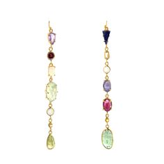 Introducing our beautiful Aria earrings! They feature a charming collection of captivating stones, carefully crafted in different cuts and shapes. From the dazzling faceted prehnite and amethyst to the enchanting lapis lazuli, ruby, moonstone, and chalcedony stones. These earrings are designed to elegantly sway and catch the light, made with high-quality 925 sterling silver and coated with a luxurious 18-carat gold plating. Each earring weighs approximately 4 gr. Length: 4.12" (10 cm) Amethyst Multi-stone Briolette Earrings, Fine Jewelry With Natural Teardrop Gemstones, Multi-stone Dangle Gemstones For Jewelry Making, The Dazzling, Signature Necklace, Chalcedony Stone, Solid Gold Jewelry, Brass Jewelry, Jewellery Display