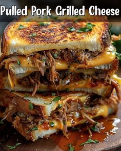 pulled pork grilled cheese sandwich stacked on top of each other with text overlay