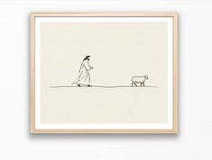 a drawing of a person walking with a dog on a field next to a sheep