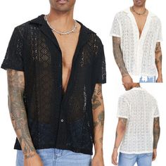 Trendy Fashion Mesh Top Lace Shirt See-Through Tees Blouse Short Sleeve Collared Solid Burtton, Mens Shirts Men’s Festival Outfits Edc, Men’s Raves Outfit, Rave Bae, Color Season, Chic Shirts, Coachella Outfit, Short Sleeve Pattern, Sleeve Pattern, Men Shirt