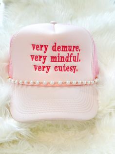 Very Demure Very Mindful Very Cutesy trucker  hat. Can be customized for you. Just send us a message. Hat is trucker style hat featuring an embroidery. Choose your color hat to fit your style. Choose your color thread, We have several color options to choose from. Hat Details: 100% Polyester foam front, mesh back Structured, five-panel, mid-profile 3 ½" crown Pre-curved visor with braid detailing Adjustable double snapback closure Letter Print Snapback Trucker Hat As Gift, Letter Print Snapback Trucker Hat, Letter Print Snapback Trucker Hat For Gift, Novelty Customizable Trucker Hat, Pink Trucker Hat With Letter Print, Letter Print Trucker Hat As Gift, Letter Print Trucker Cap As Gift, Pink Letter Print Trucker Snapback Hat, Cute Letter Print Snapback Trucker Hat